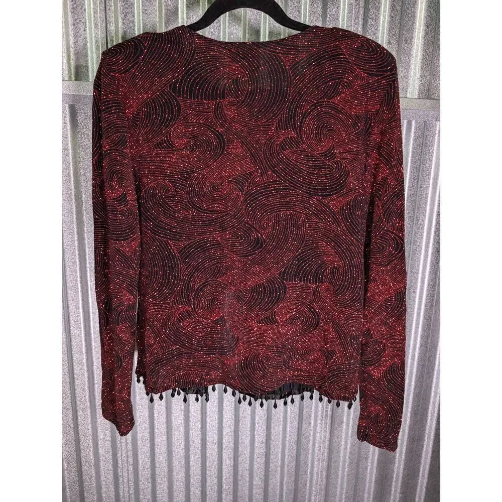 MSK Cardigan Jacket Red/Black All Over Beaded Embellished Artsy Evening Women's